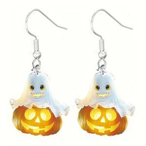 Retro Halloween Ghost on Pumpkin Cartoon Style Acrylic Dangle Earrings